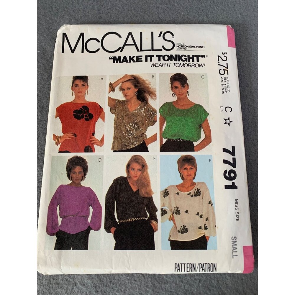 Vintage McCalls 7791 Misses Blouse Pattern Size Small Uncut 1981
